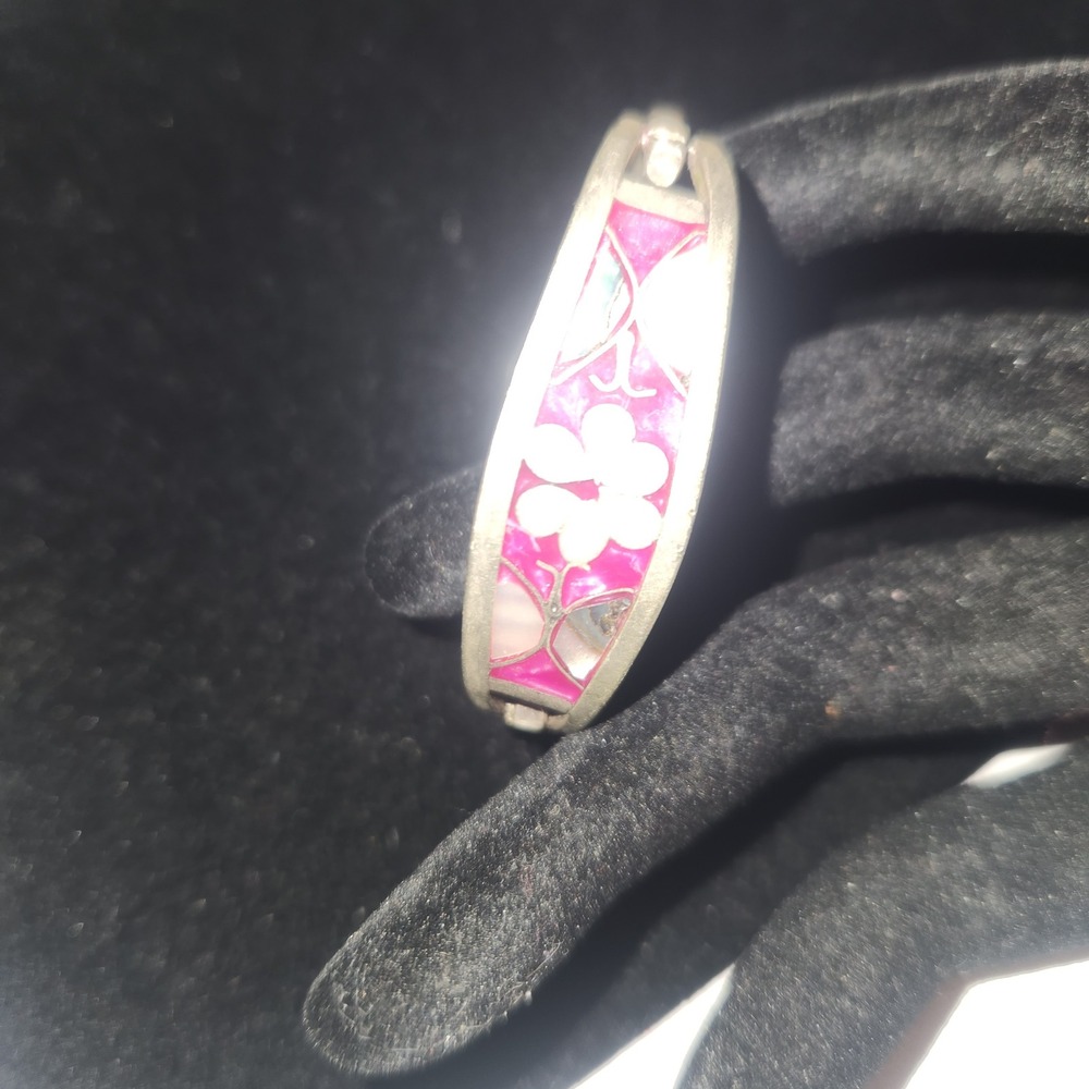 Vintage Alpaca Mexico Pink Enamel‎ Mother of Pearl Floral Butterfly Bangle kids